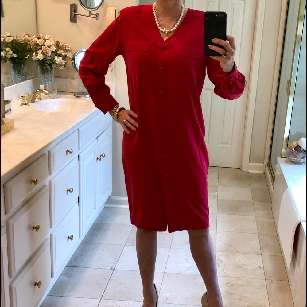 Red silk dress, long sleeve, button front, Size 6
